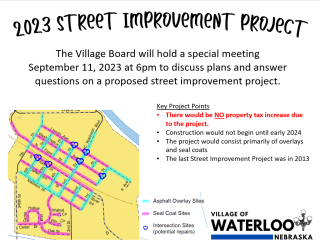 Street Improvement Project meeting will be held September 11 at 6pm