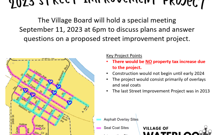 Street Improvement Project meeting will be held September 11 at 6pm